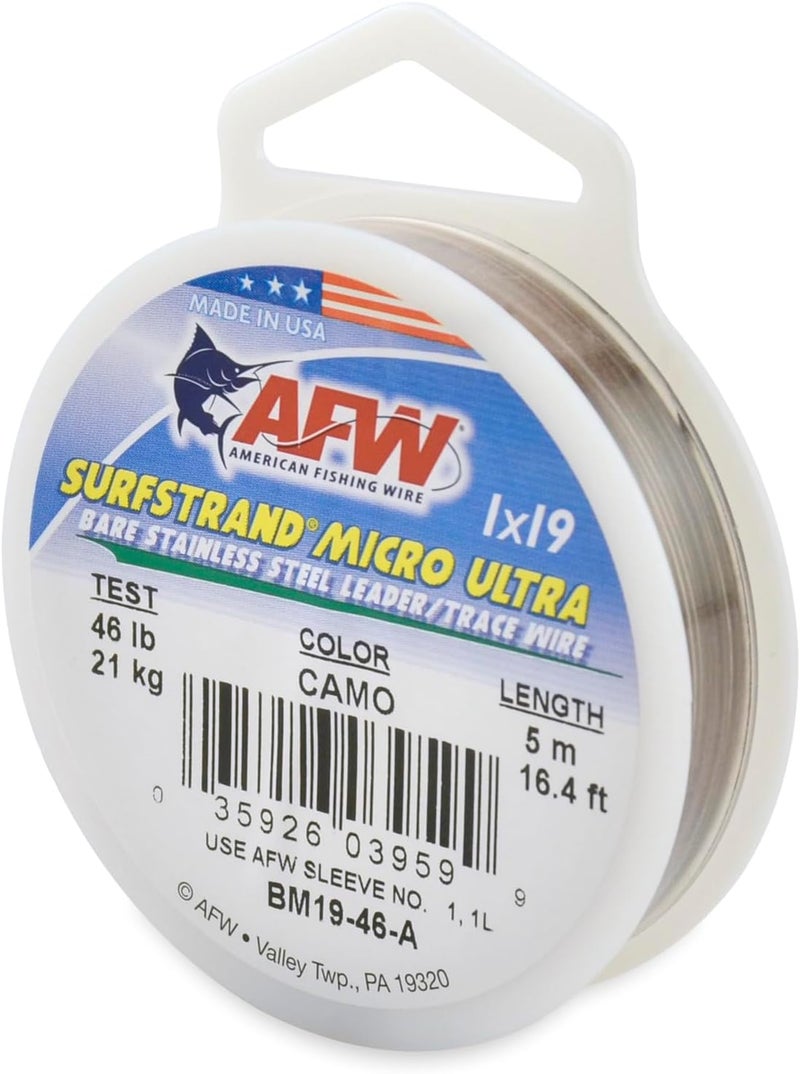 AFW American Fishing Wire Surfstrand Micro Ultra Bare 1x19 Stainless Steel Leader Wire - Fishing Leader Line for Saltwater, 6.6lb Test - 61lb Test, Camo Color, 5m Length - Image 1